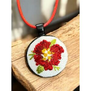 Embroidered Poppy in Black Bezel Charm Necklace